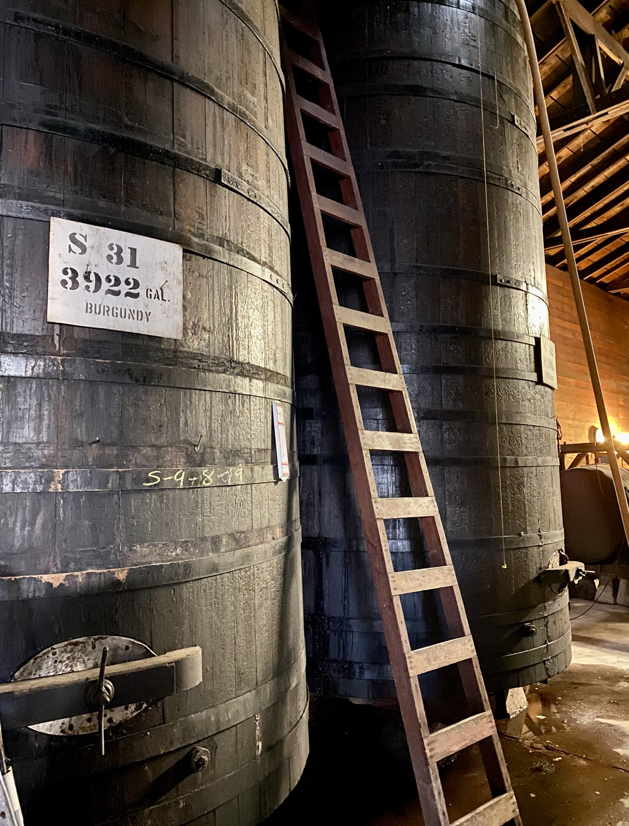 Redwood wine barrels at Guglielmo Winery